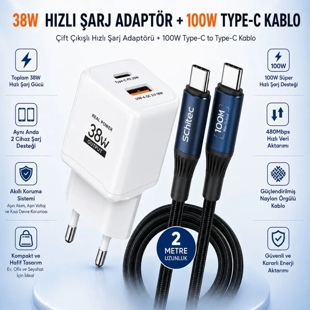 SChitec 38W 2 Çıkışlu Hızlı Şarj Başlığı ve 100W Type-C to Type-C Süper Hızlı Şarj Kablosu 2 Metre