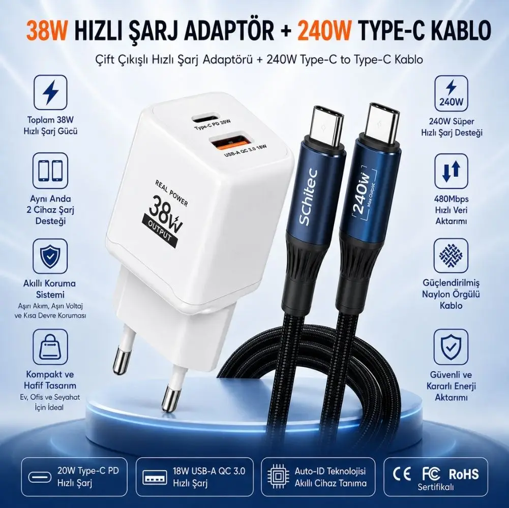 SChitec 38W 2 Çıkışlu Hızlı Şarj Başlığı ve 240W Type-C to Type-C Süper Hızlı Şarj Kablosu