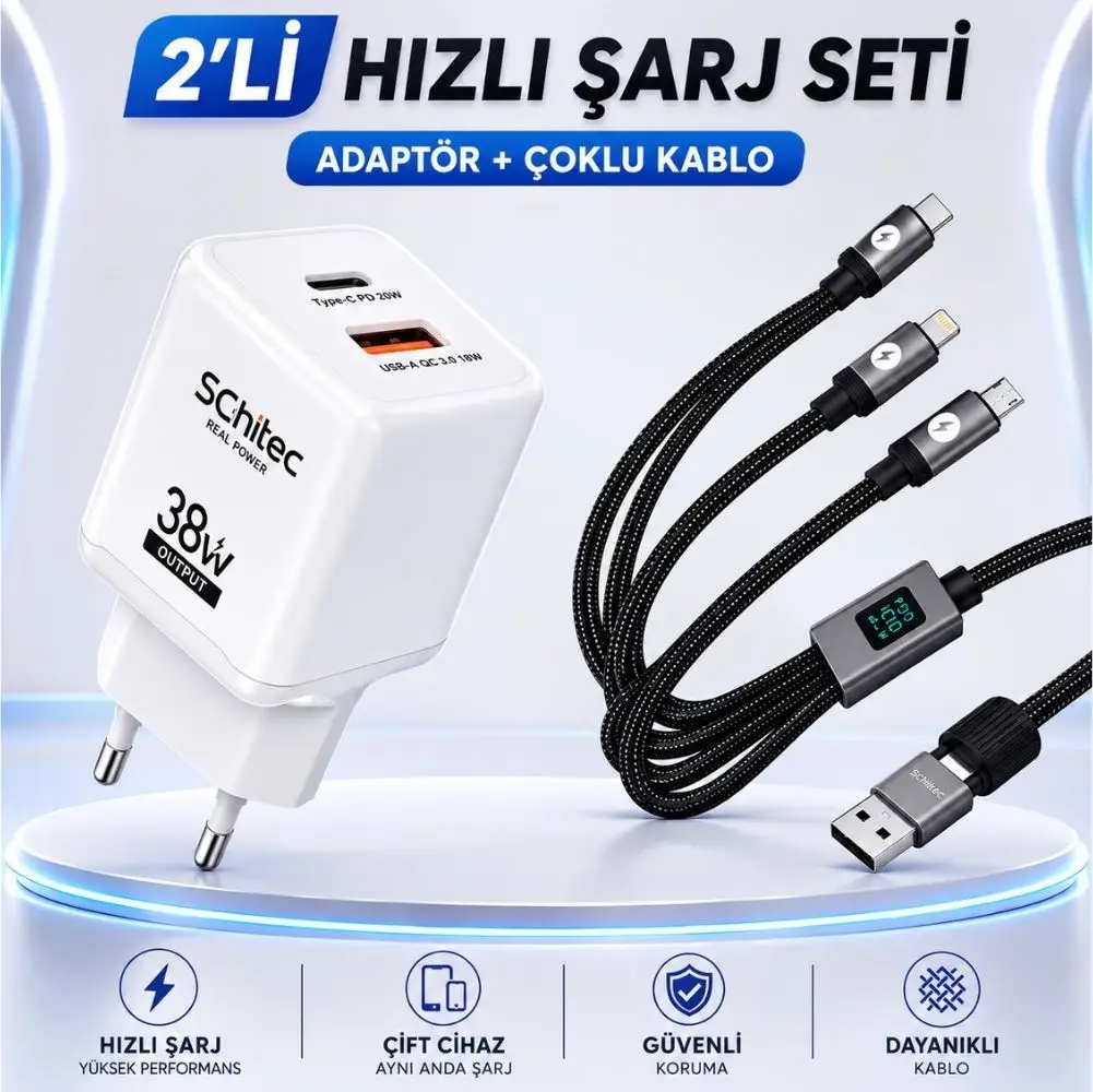 SChitec 38W 2 Çıkışlu Hızlı Şarj Başlığı ve 5in1 100W Göstergeli Type-C ve UsbA Girişli Micro Type-C Lightning Çıkışlı Hızlı Şarj 
