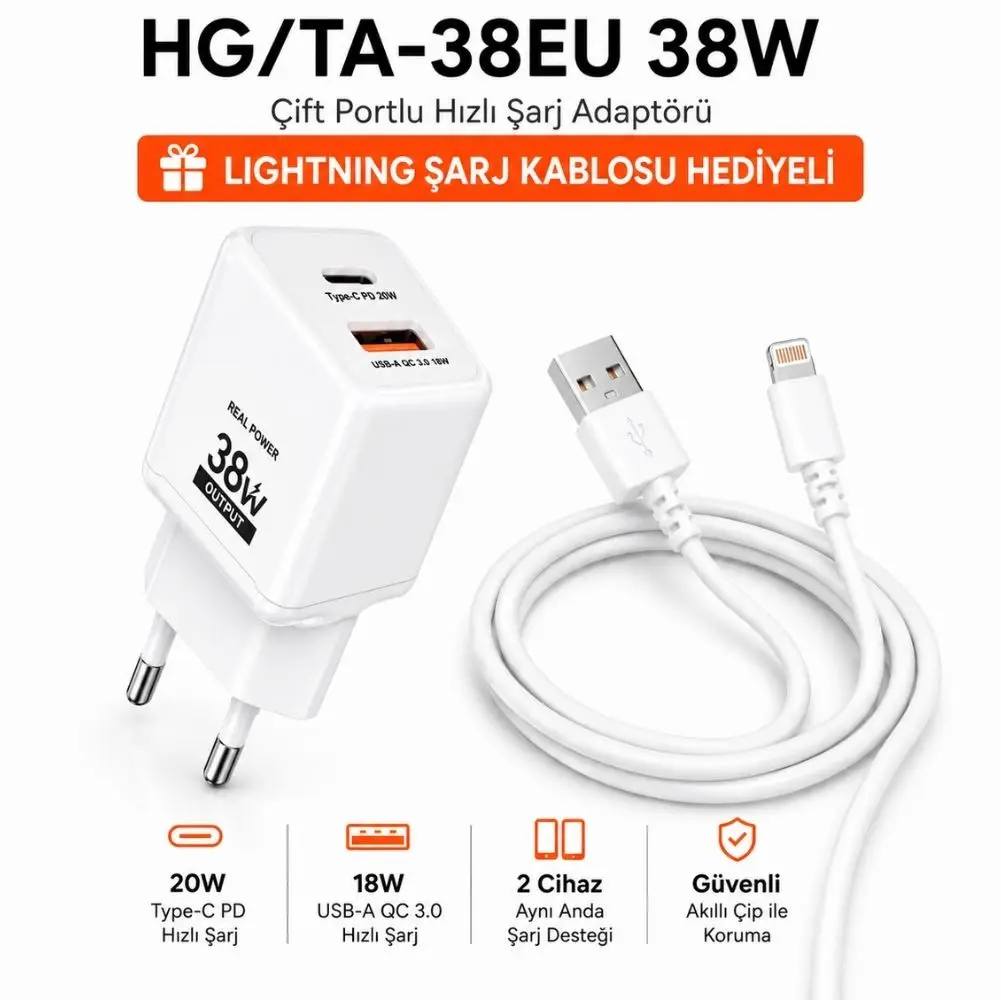 SChitec 38W 2 Çıkışlı Hızlı Şarj Başlığı ve 67W UsbA to Lightning ve Hızlı Şarj Kablosu 1M HEDİYE 