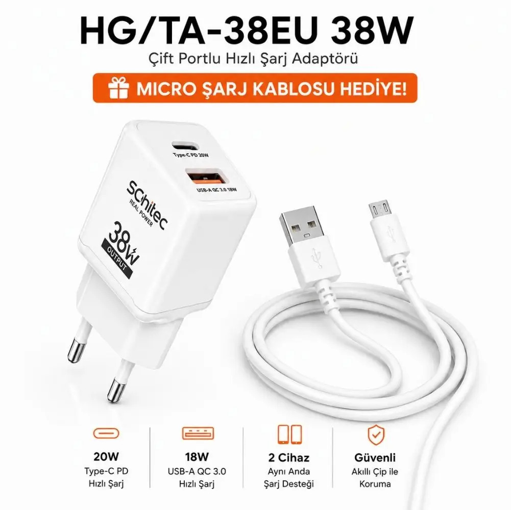 SChitec 38W 2 Çıkışlu Hızlı Şarj Başlığı ve 67W UsbA to Micro ve Hızlı Şarj Kablosu HEDİYE 