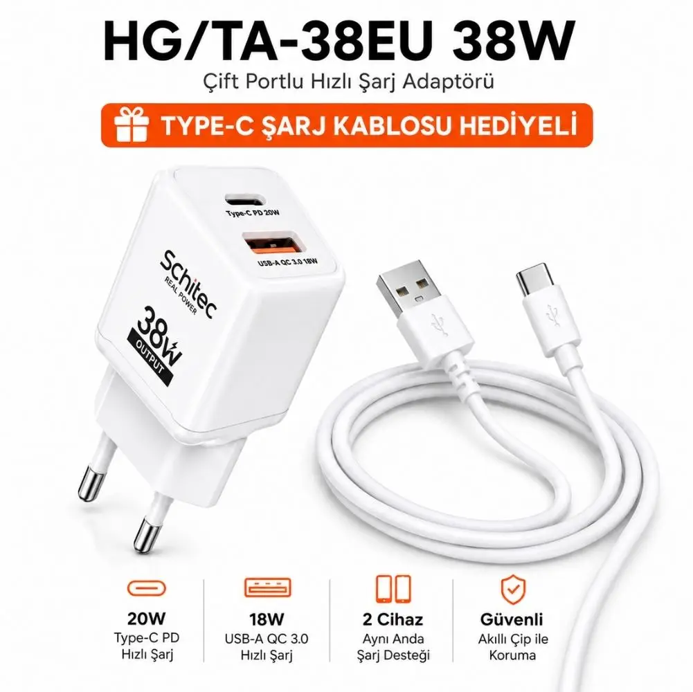 SChitec 38W 2 Çıkışlu Hızlı Şarj Başlığı ve 67W UsbA to Type-C ve Hızlı Şarj Kablosu 1M HEDİYE 