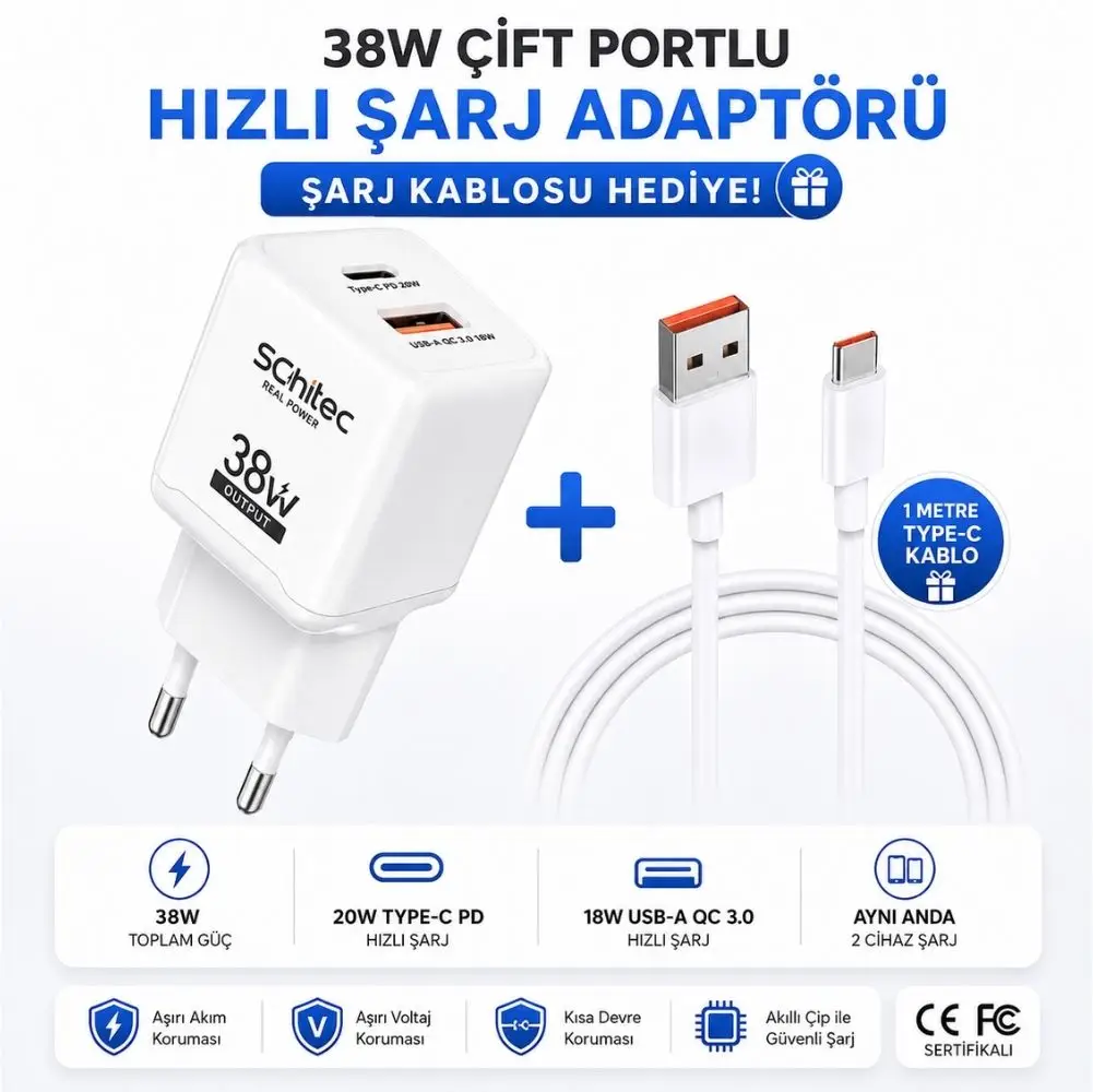 SChitec 38W 2 Çıkışlı Hızlı Şarj Başlığı ve 120W UsbA to Type-C Hızlı ve Şarj Kablosu Beyaz HEDİYE