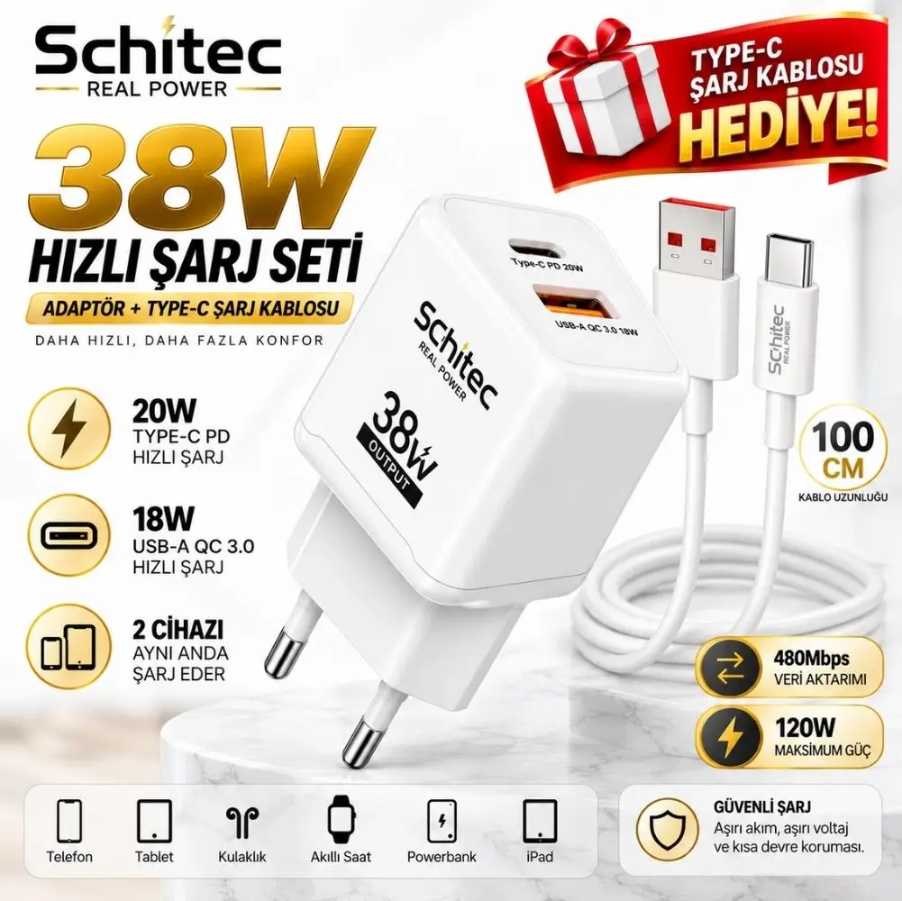  SChitec 38W Çift Çıkışlı Süper Hızlı Şarj Adaptörü ve 120W USB-A to Type-C Örgülü Data ve Hızlı Şarj Kablosu 