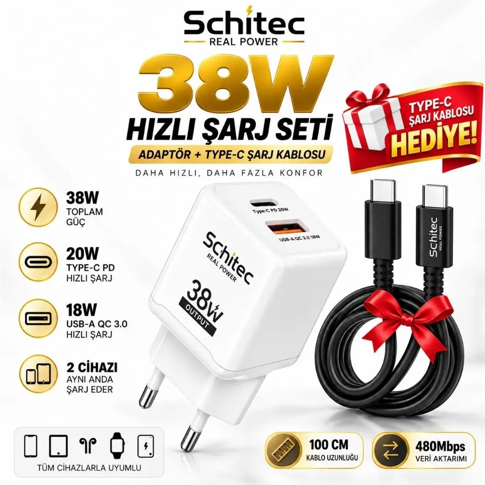  SChitec 38W Çift Çıkışlı Hızlı Adaptör veSChitec 60W Type-C to Type-C Data ve Hızlı Şarj Siyah 