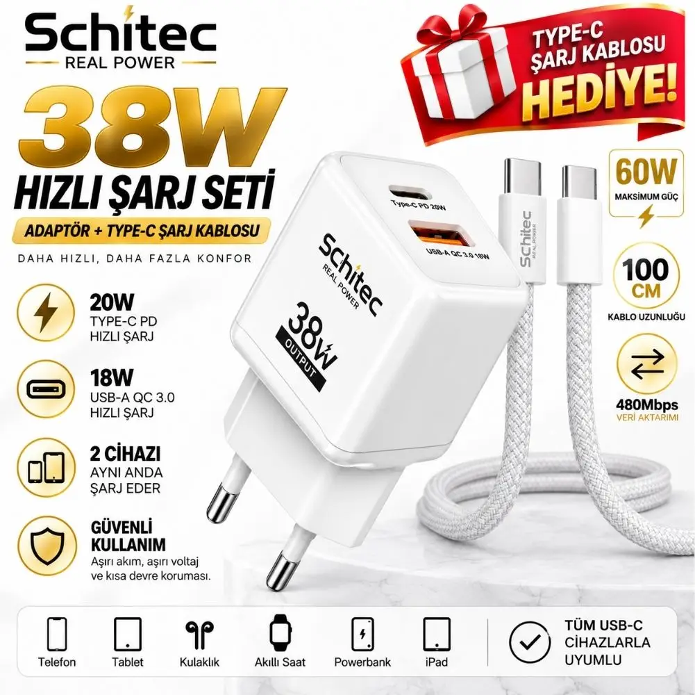 SChitec 38W Çift Çıkışlı Süper Hızlı Şarj Adaptörü ve 60W Type-C to Type-C Örgülü Hızlı Şarj Kablosu