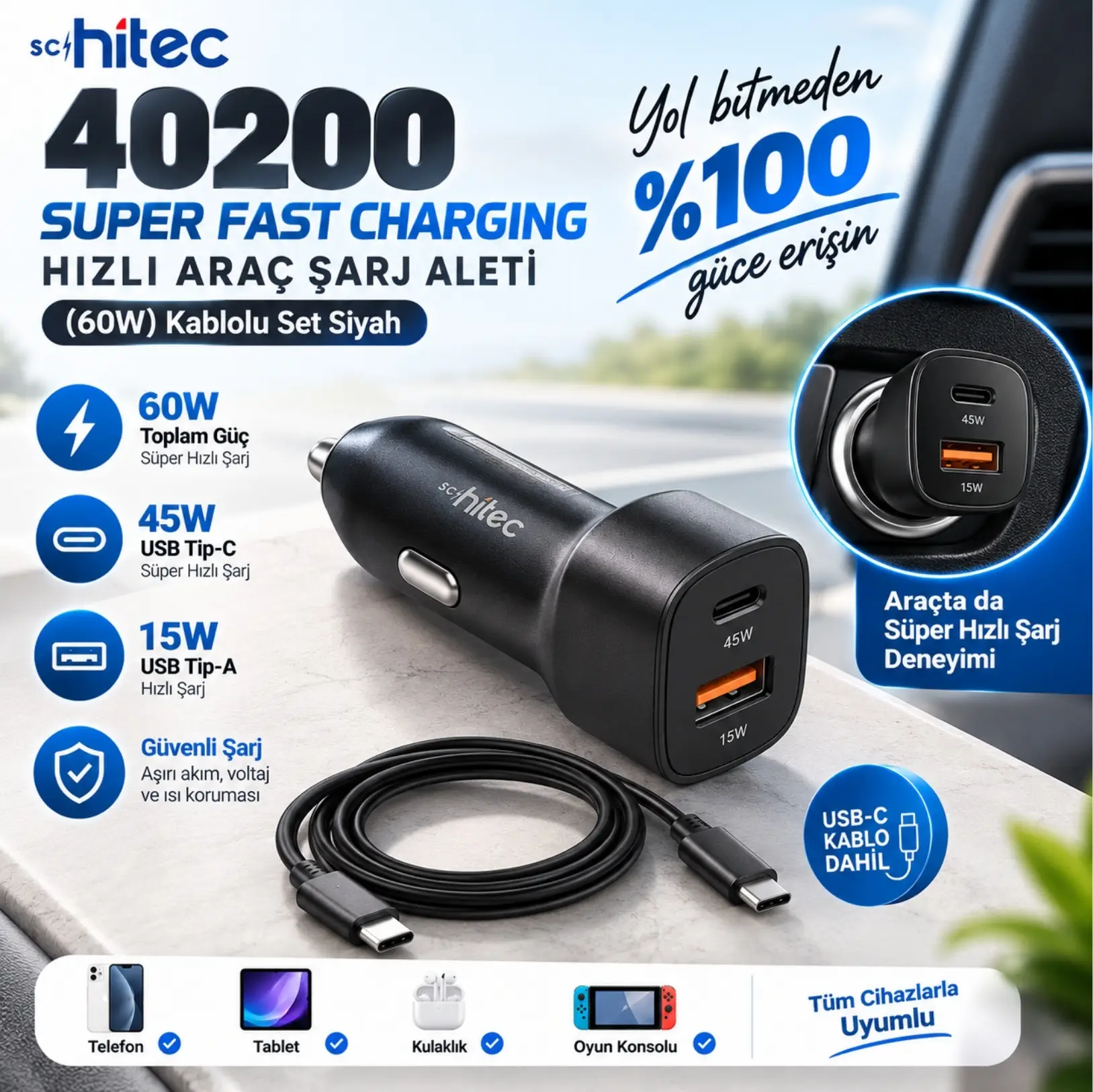 ScHitec 40200 Super Fast Turbo Araç Şarj Aleti (45W + 15W) Kablolu Set Siyah