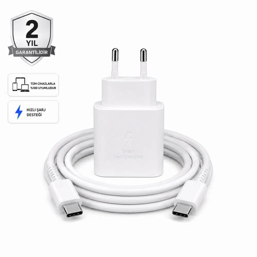 Schitec 45W Hızlı Şarj Adaptörü ve 1 Metre Type-C Type-C Hızlı Şarj Kablo Set Beyaz