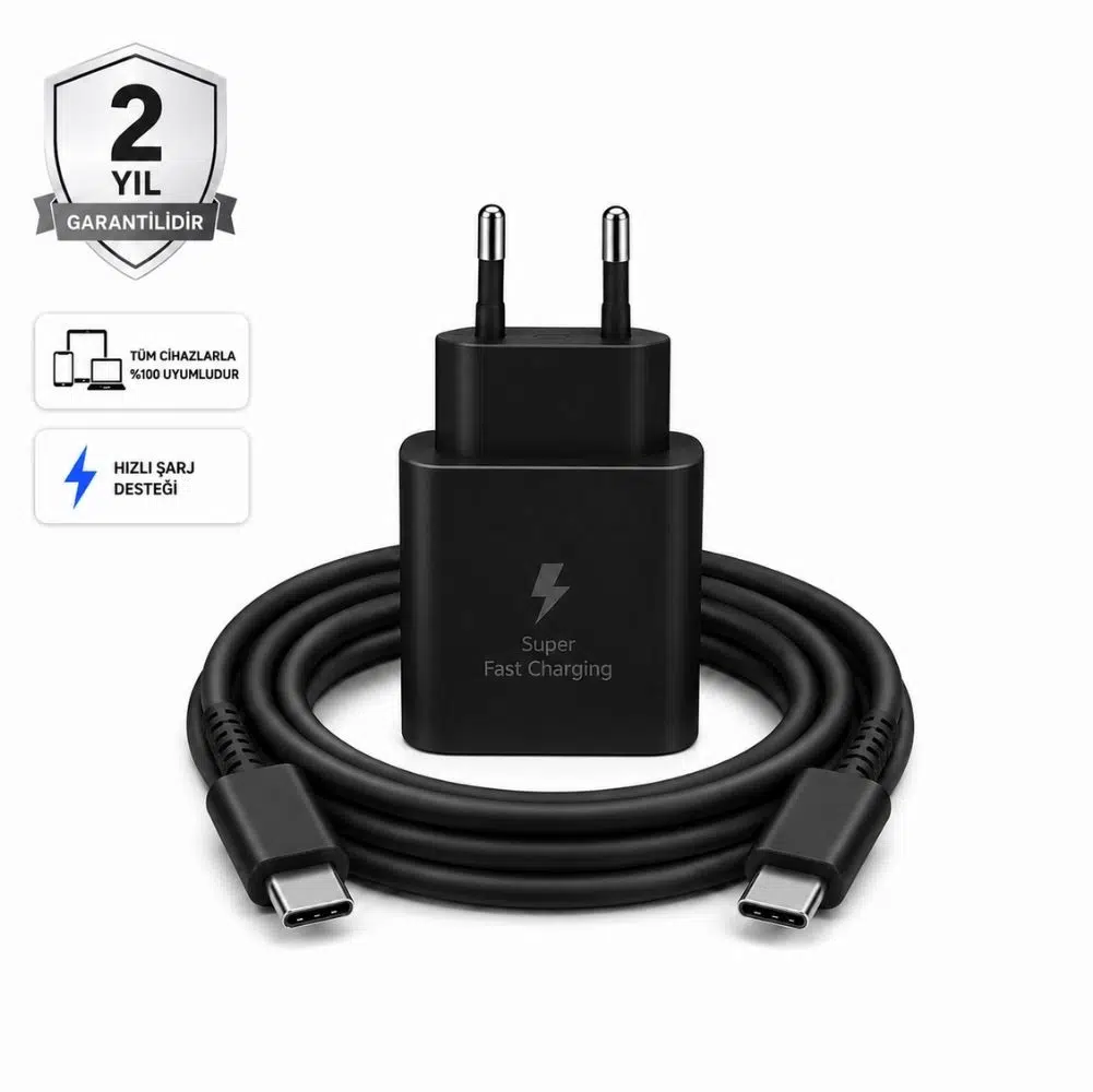 Schitec 45W Hızlı Şarj Adaptörü ve 1 Metre Type-C Type-C Hızlı Şarj Kablo Set Siyah