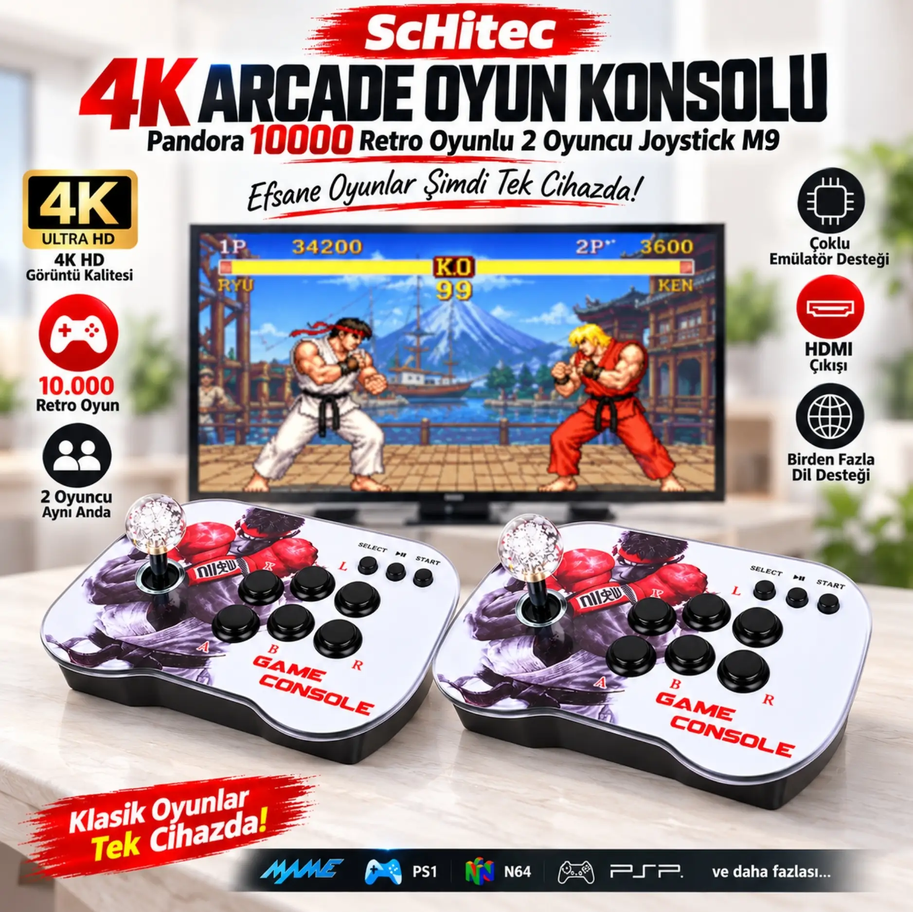 ScHitec 4K Arcade Oyun Konsolu Pandora 10000 Retro Oyunlu 2 Oyuncu Joystick M9