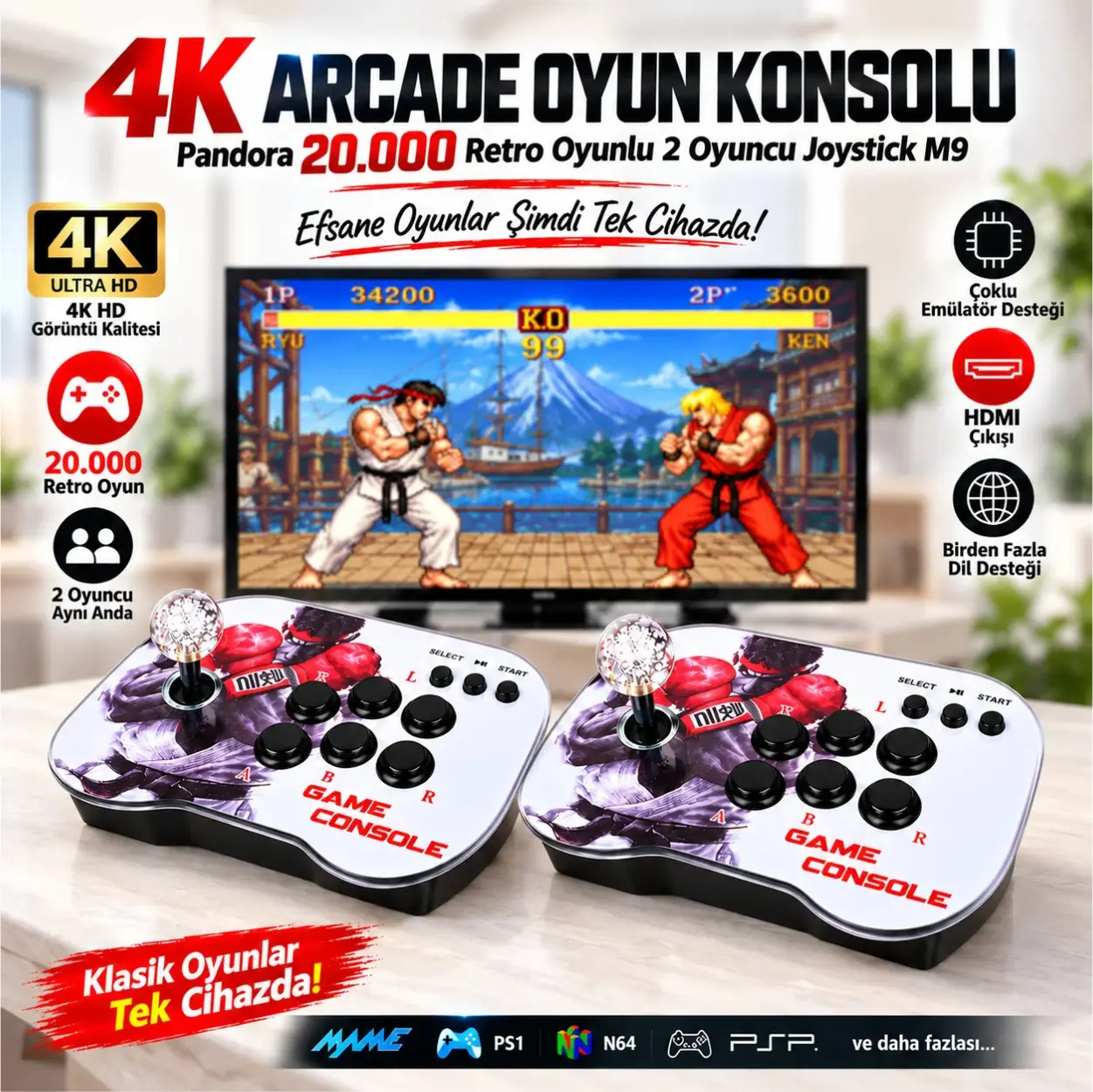 ScHitec 4K Arcade Oyun Konsolu Pandora 20000 Retro Oyunlu 2 Oyuncu Joystick M9