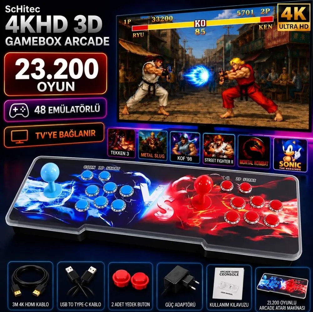 ScHitec 4K Fashion Arcade Station 3D 23200 Oyunlu TV Baglanan Pandora Atari Makinası 