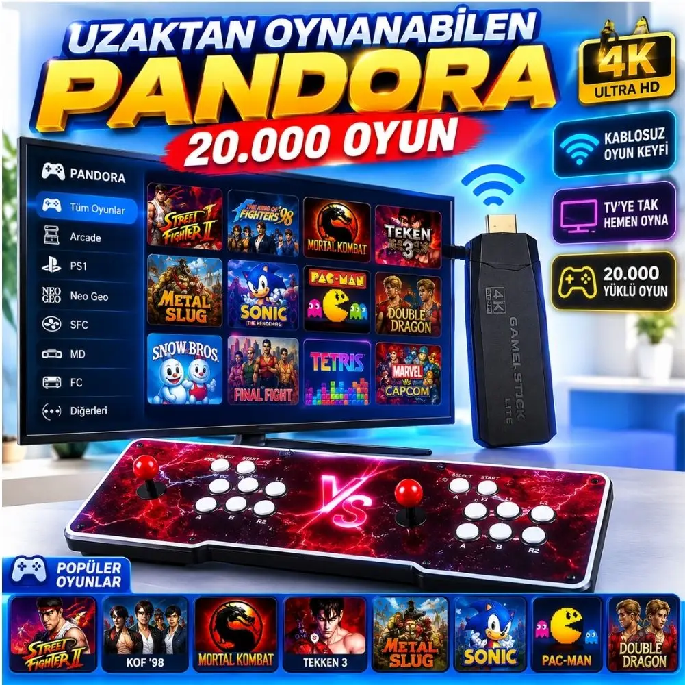 ScHitec 4KHD 3D Gamebox Arcade Pandora 20.000 Oyunlu Uzaktan Oynanabilir TV Atari Konsolu