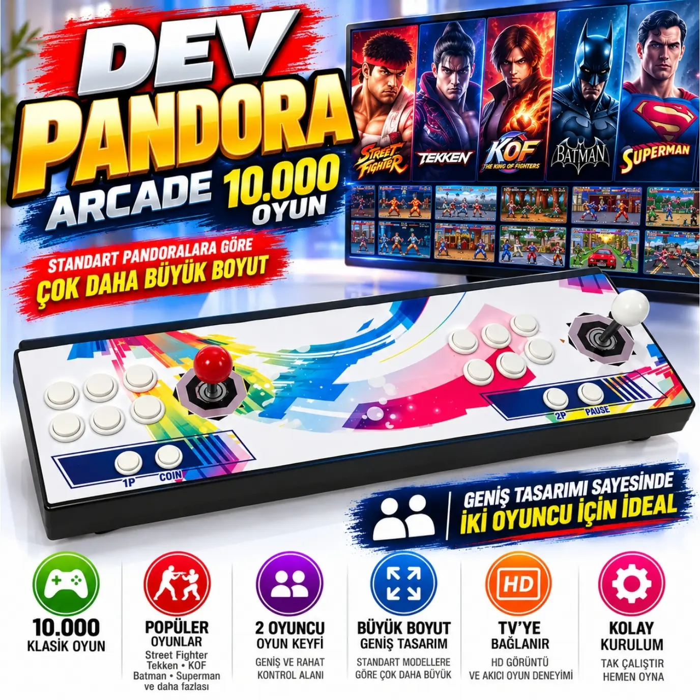 ScHitec Dev Pandora 10.000 Oyunlu 4KHD 3D Retro Arcade TV Oyun Konsolu