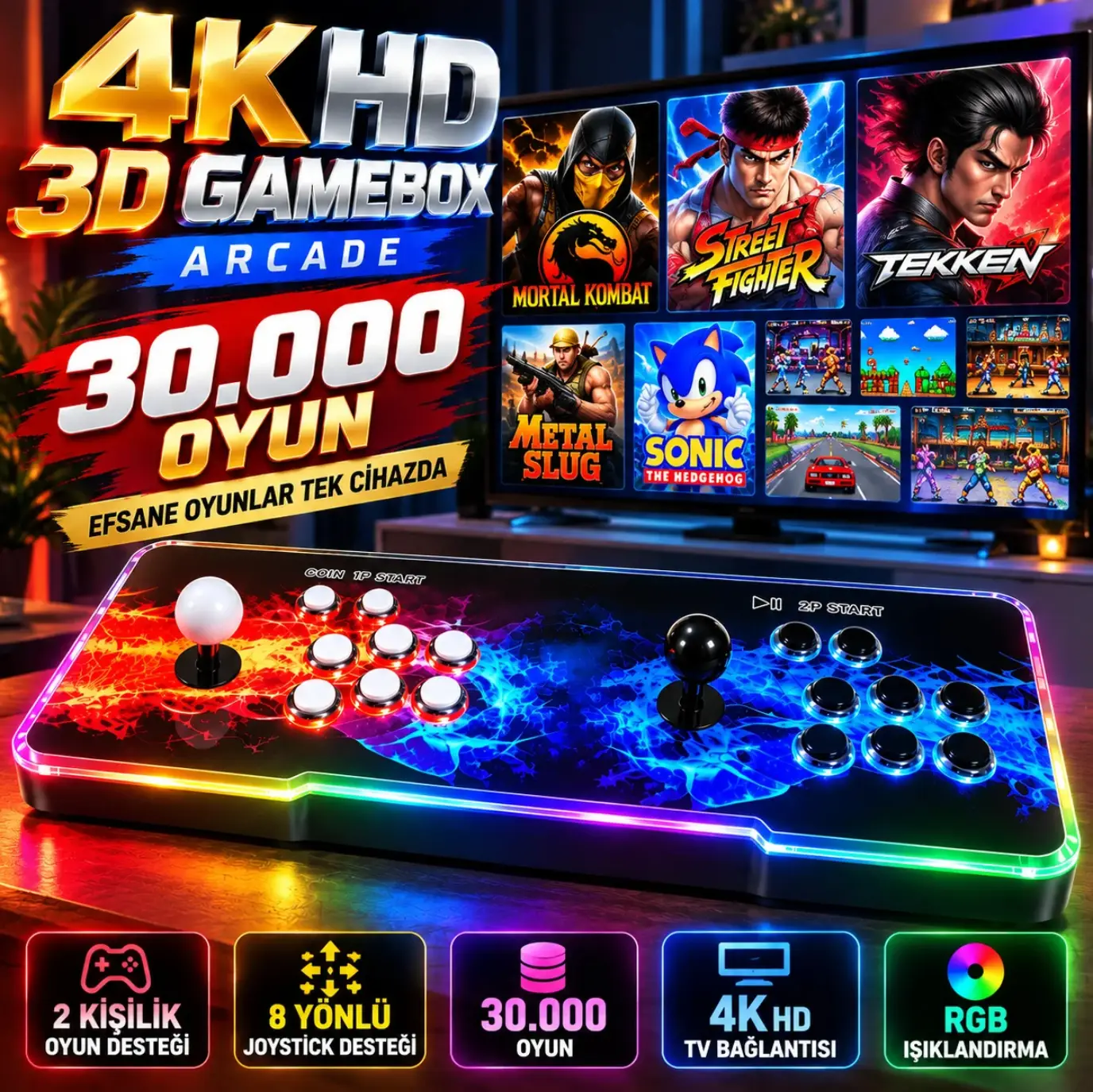 3D Pandora Pro 30.000 Oyunlu RGB Işıklı Arcade Oyun Konsolu 2 Kişilik HDMI TV Bağlantılı