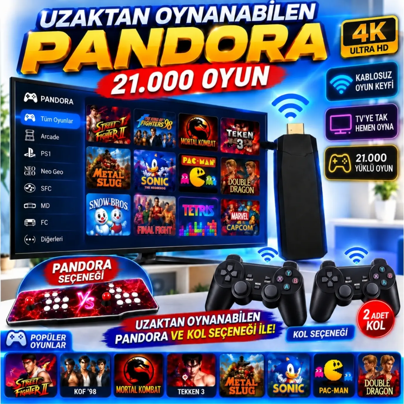 ScHitec 4KHD 3D Gamebox Arcade Pandora 21.000 Oyunlu + 2 Adet Kablosuz Kol Uzaktan Oynanabilir TV Konsolu