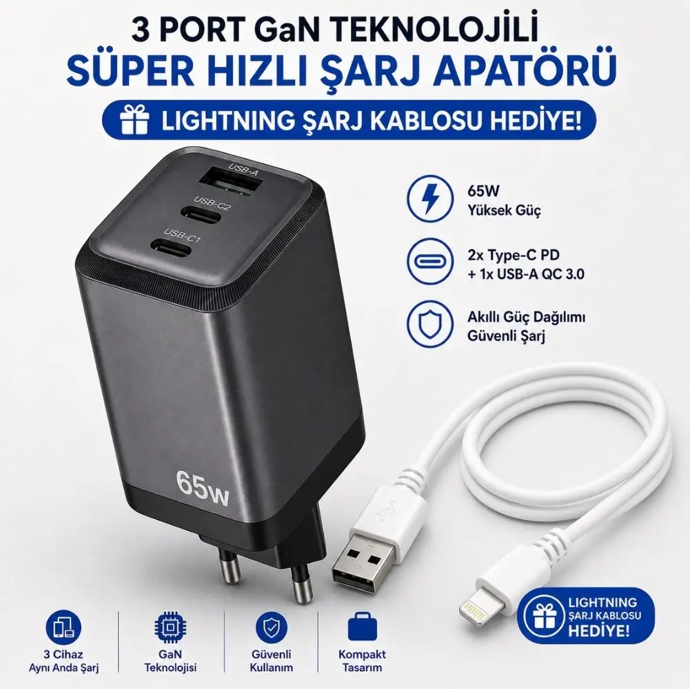 SChitec 65W GaN 3 Çıkışlı Hızlı Şarj Başlığı ve 67W UsbA to Lightning ve Hızlı Şarj Kablosu HEDİYE 
