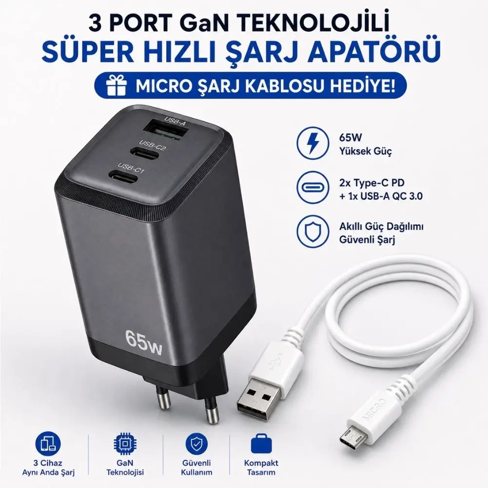 SChitec 65W GaN 3 Çıkışlı Hızlı Şarj Başlığı ve 67W UsbA to Micro Data ve Hızlı Şarj Kablosu 1M Beyaz HEDİYE 