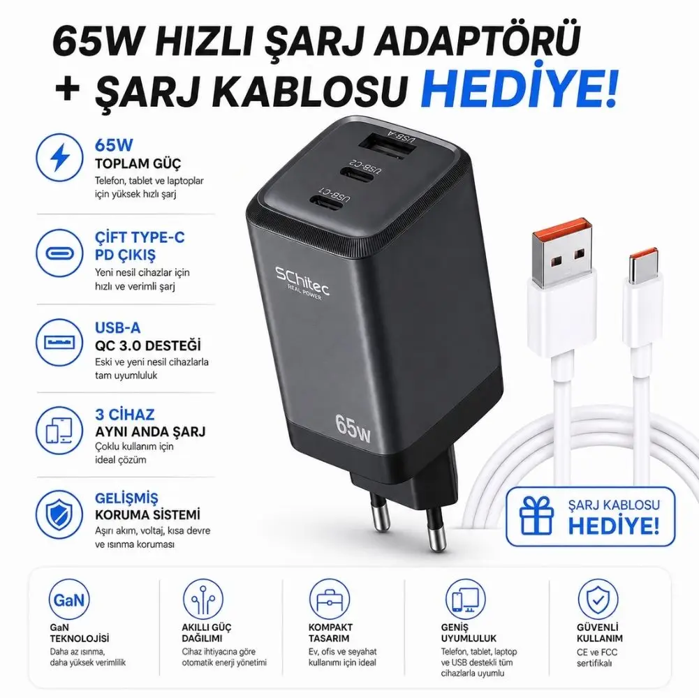 SChitec 65W GaN 3 Çıkışlı Hızlı Şarj Başlığı ve 120W UsbA to Type-C Hızlı Data ve Kablosu HEDİYE
