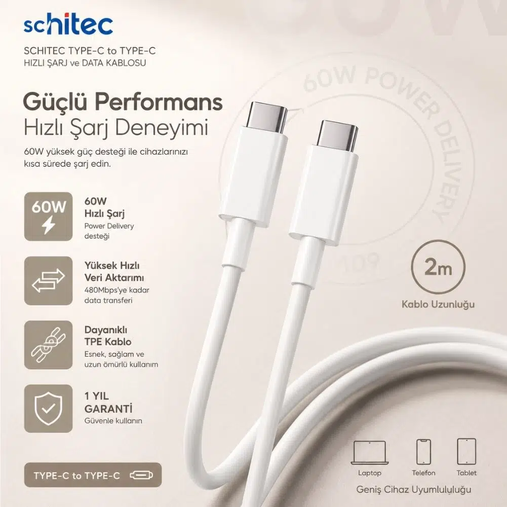 ScHitec 6A 60W Type-C to Type-C 2Metre Süper Hızlı Data ve Şarj Kablosu