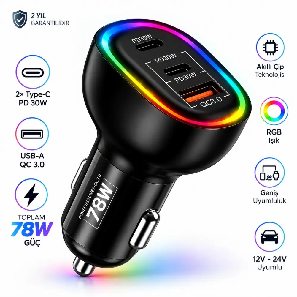 Schitec 78W 3 Portlu Araç Şarj Aleti Çift Type-C PD 30W + USB QC 3.0 Hızlı Şarj RGB Işıklı