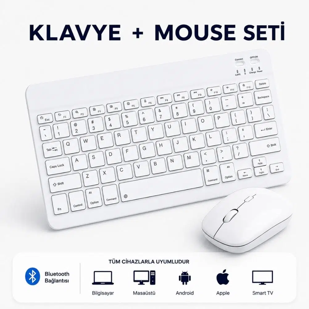 ScHitec Bluetooth Klavye + 2,4 Ghz+Bluetooth Mouse Seti Type-C Şarjlı Beyaz