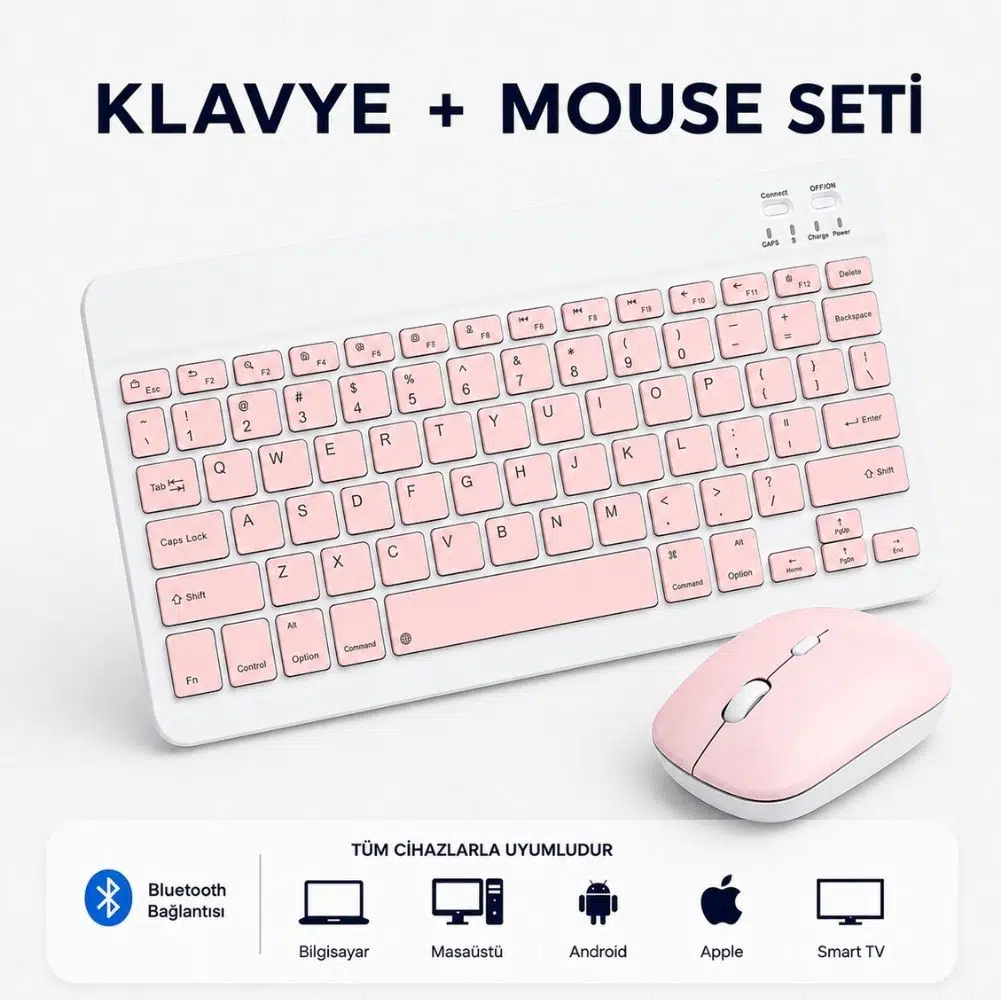 ScHitec Bluetooth Klavye + 2,4 Ghz+Bluetooth Mouse Seti Type-C Şarjlı Pembe