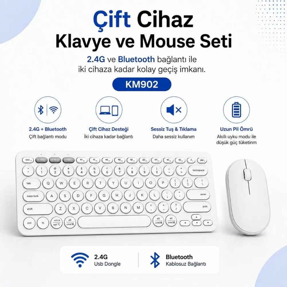 ScHitec Çift Cihaz Bağlantı Özellikli Klavye ve Mouse Set 2.4G+BT Beyaz KM902