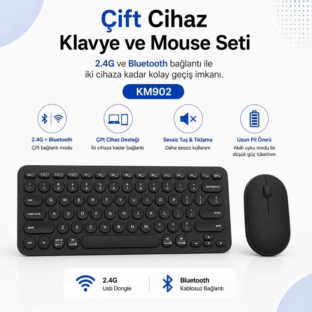 ScHitec Çift Cihaz Bağlantı Özellikli Klavye ve Mouse Set 2.4G+BT Siyah KM902