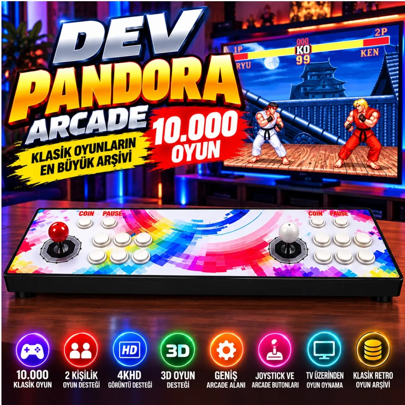 ScHitec Dev Pandora 10.000 Oyunlu 4KHD 3D Retro Arcade TV Oyun Konsolu