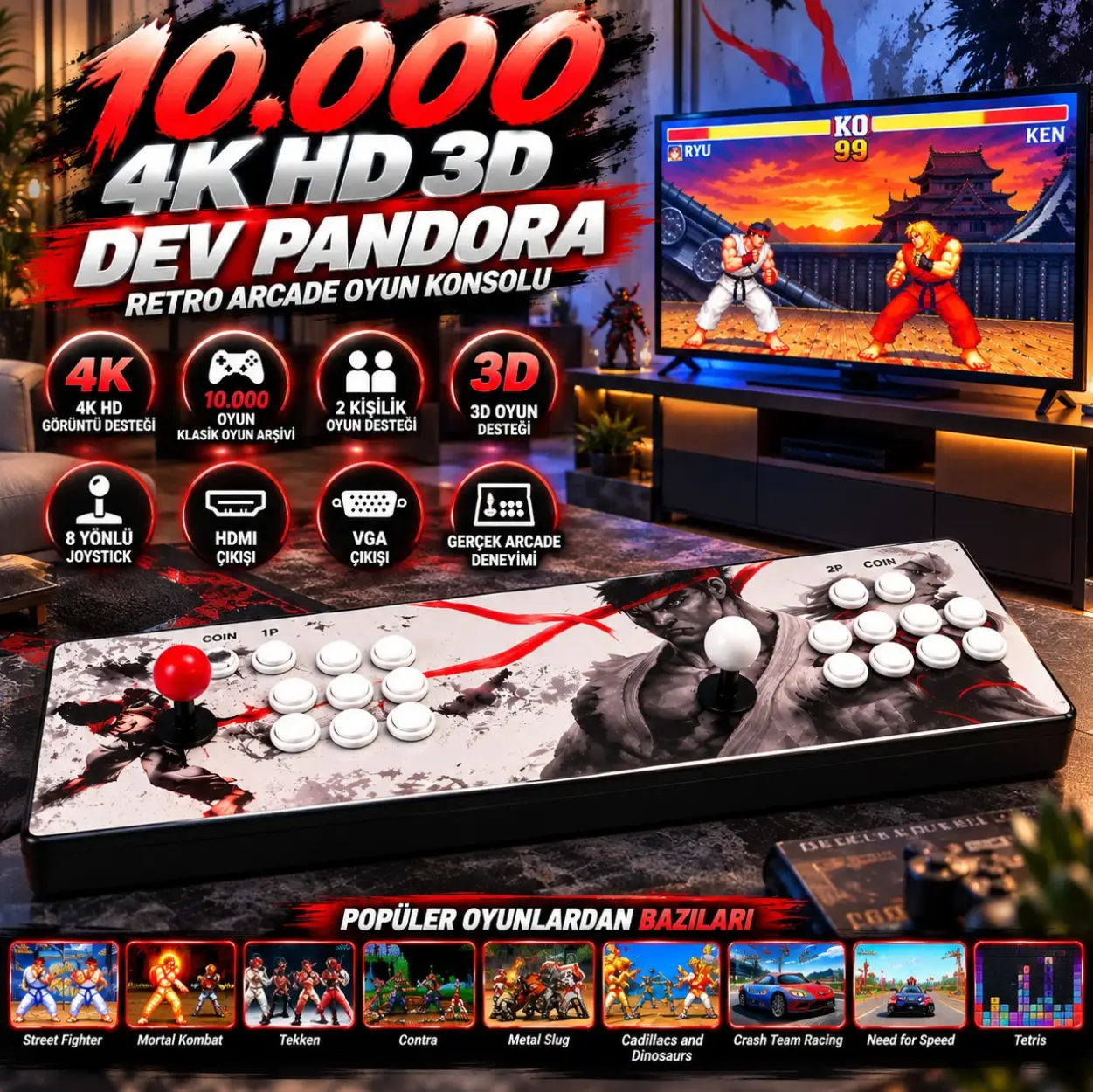 ScHitec Dev Pandora Arcade 10.000 Oyun 4K HD 2 Kişilik Büyük Boy Retro Oyun Konsolu