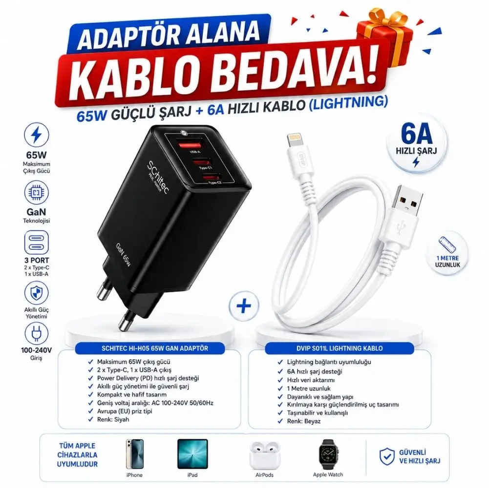Schitec GaN 65W Ultra Hızlı Şarj Cihazı 3 Çıkışlı Hızlı Şarj Aleti Başlığı ve 67W UsbA to Lightning Data ve Hızlı Şarj Kablosu 1M Beyaz HEDİYE 