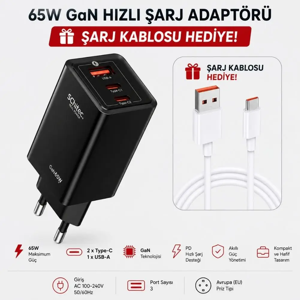 Schitec GaN 65W 3 Çıkışlı Şarj Aleti Başlığı ve 6A 120W UsbA to Type-C Hızlı Data Kablosu HEDİYE