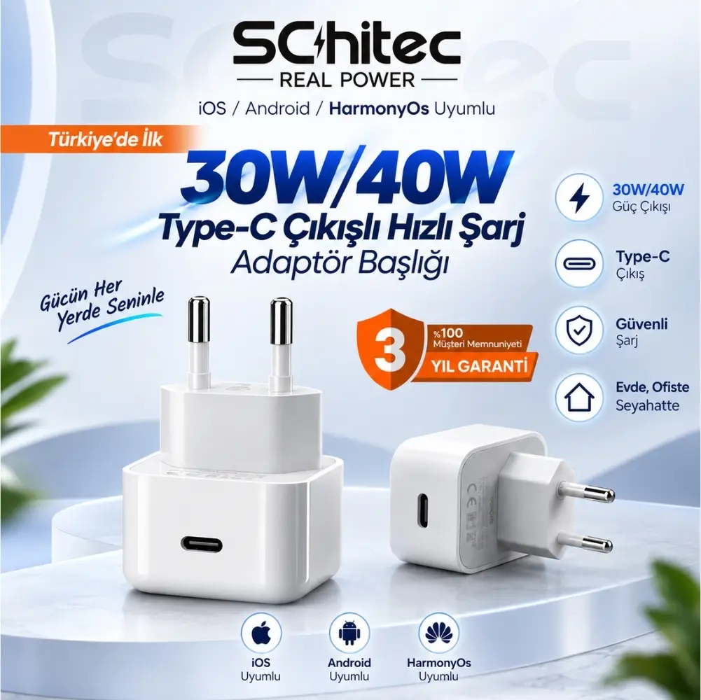 SChitec İos/Android/HarmonyOs Uyumlu 30W/40W Type-C Çıkışlı Hızlı Şarj Adapörü Başlığı