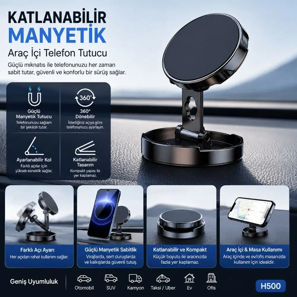 ScHitec Katlanabilir Manyetik Araç İçi Telefon Tutucu Siyah H500