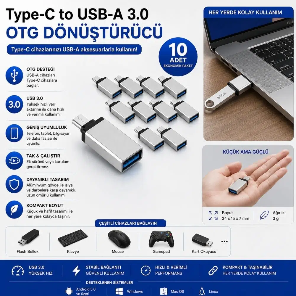 ScHitec Type-C to UsbA 3.0 OTG Dönüştürücü 10 Adet