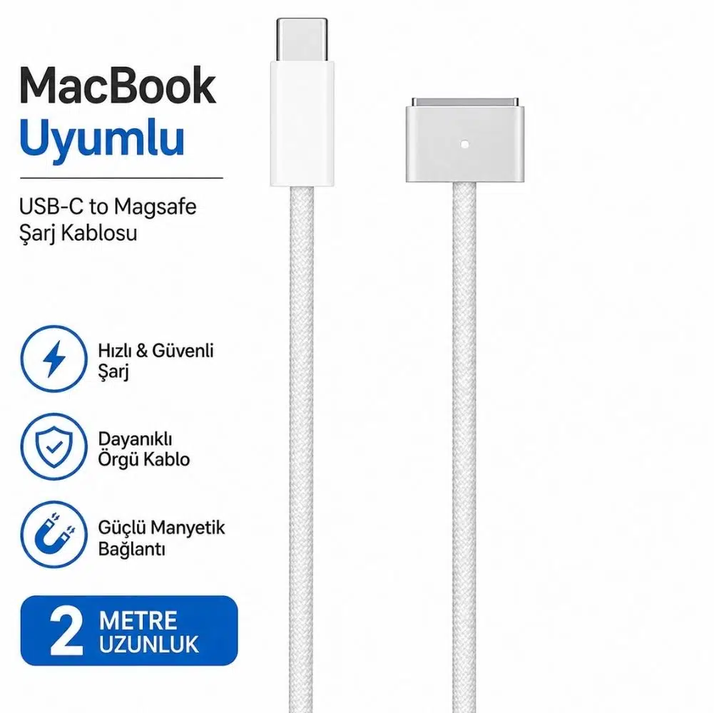 SChitec USB-C MagSafe 3 Şarj Kablos Örgülü 2 Metre MacBook Air Pro Uyumlu Gümüş