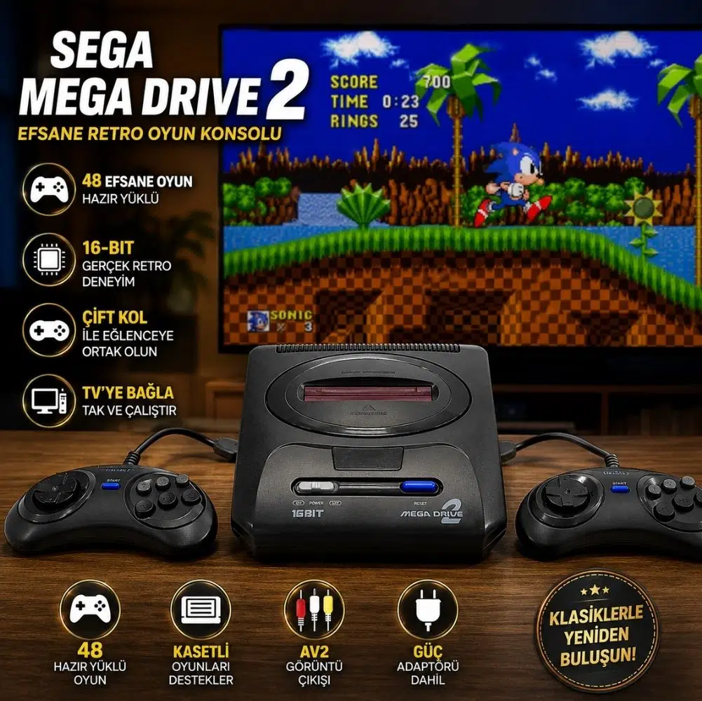 Sega Mega Drive 2 48 Oyunlu Efsane Retro Oyun Konsolu 16-Bit Çift Kol