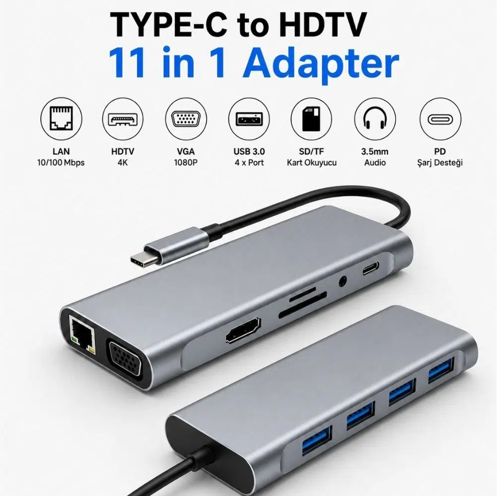 Winex 11in1 Hub Type-C to 4K HDMI/UsbA 3.0/TF SD/VGA/3.5mm AUX/PD Şarj/RJ45 Ethernet Dönüştürücü Adaptör