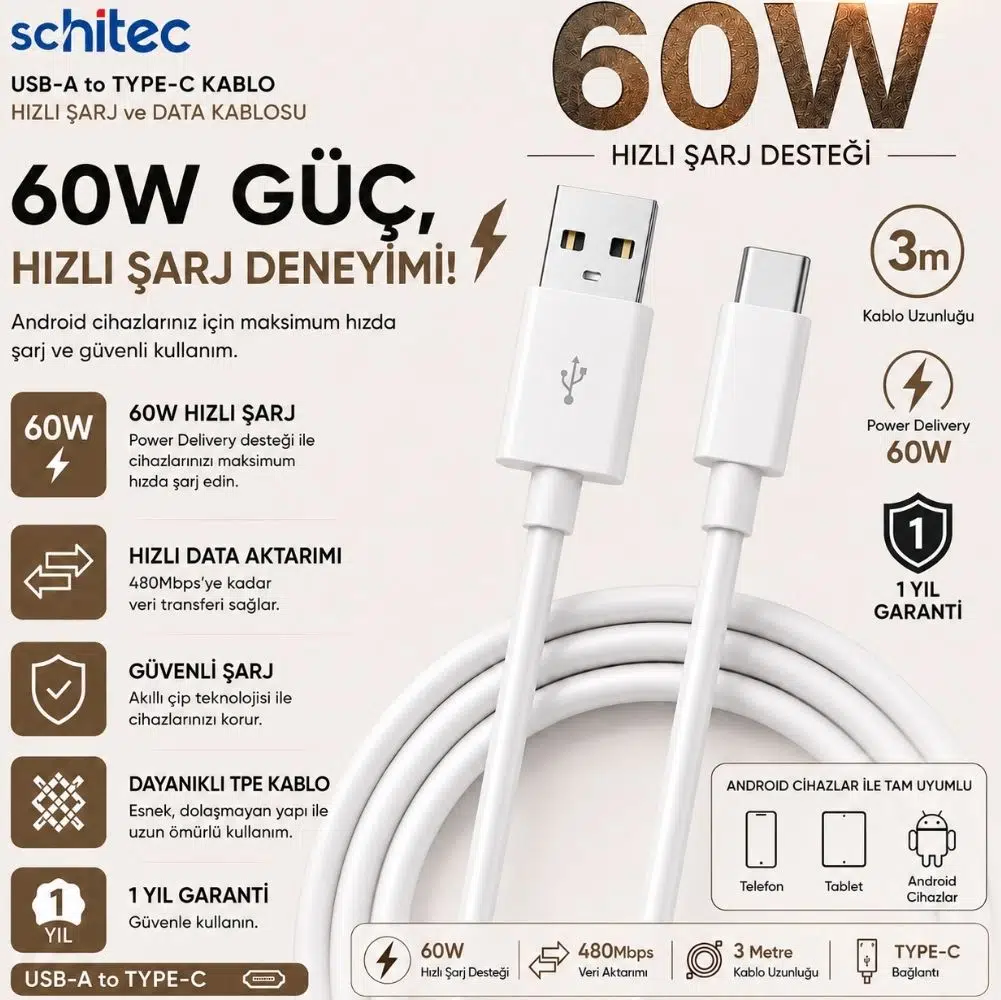 Winex 3A 60W UsbA to Type-C 3Metre Data ve Hızlı Şarj Kablosu Beyaz SX223M
