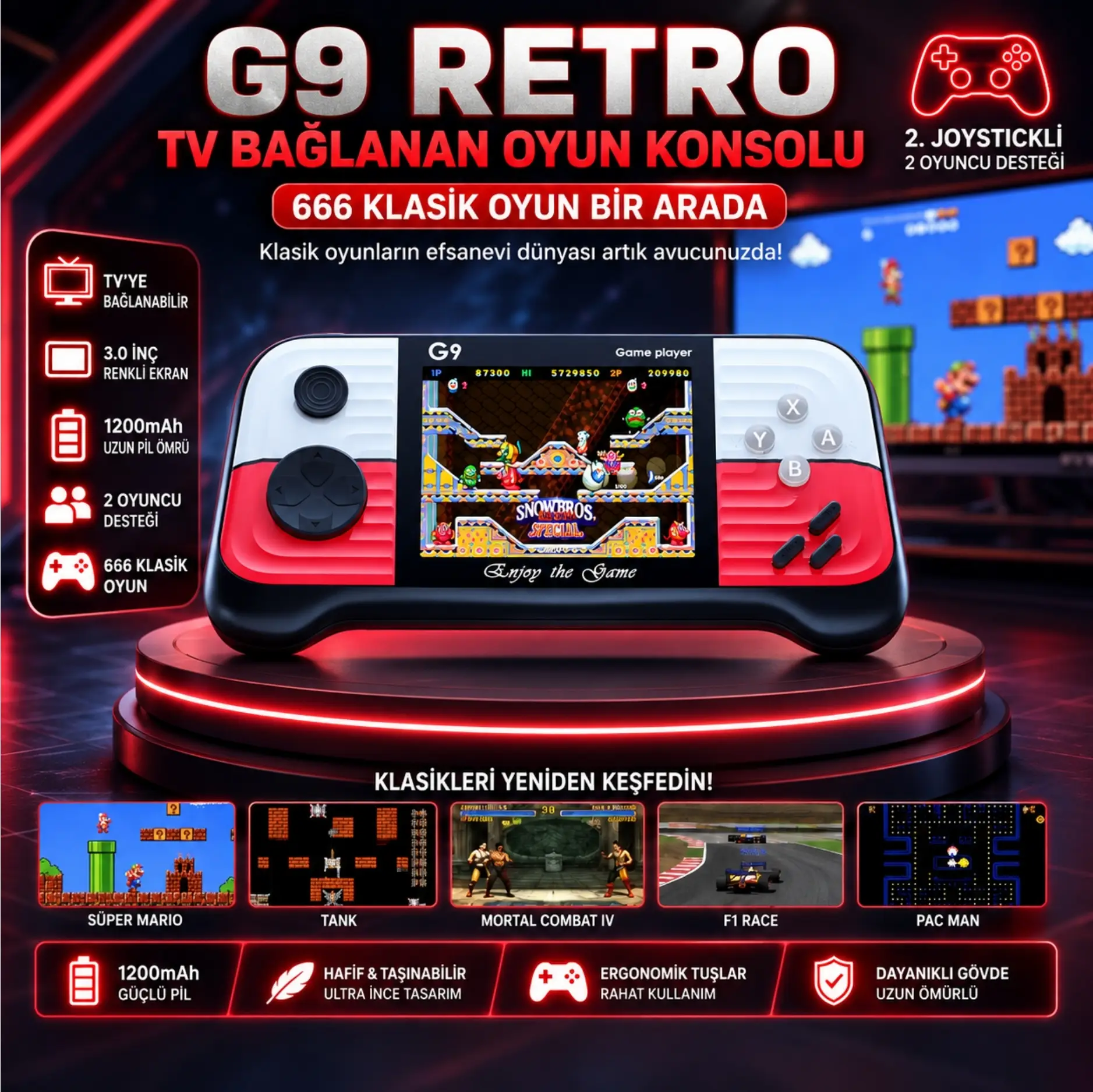 Winex G9 Retro 3.0 inç Tv Bağlanan 2.Joystickli Oyun Konsolu Kırmızı (666 Klasik Oyunlar)