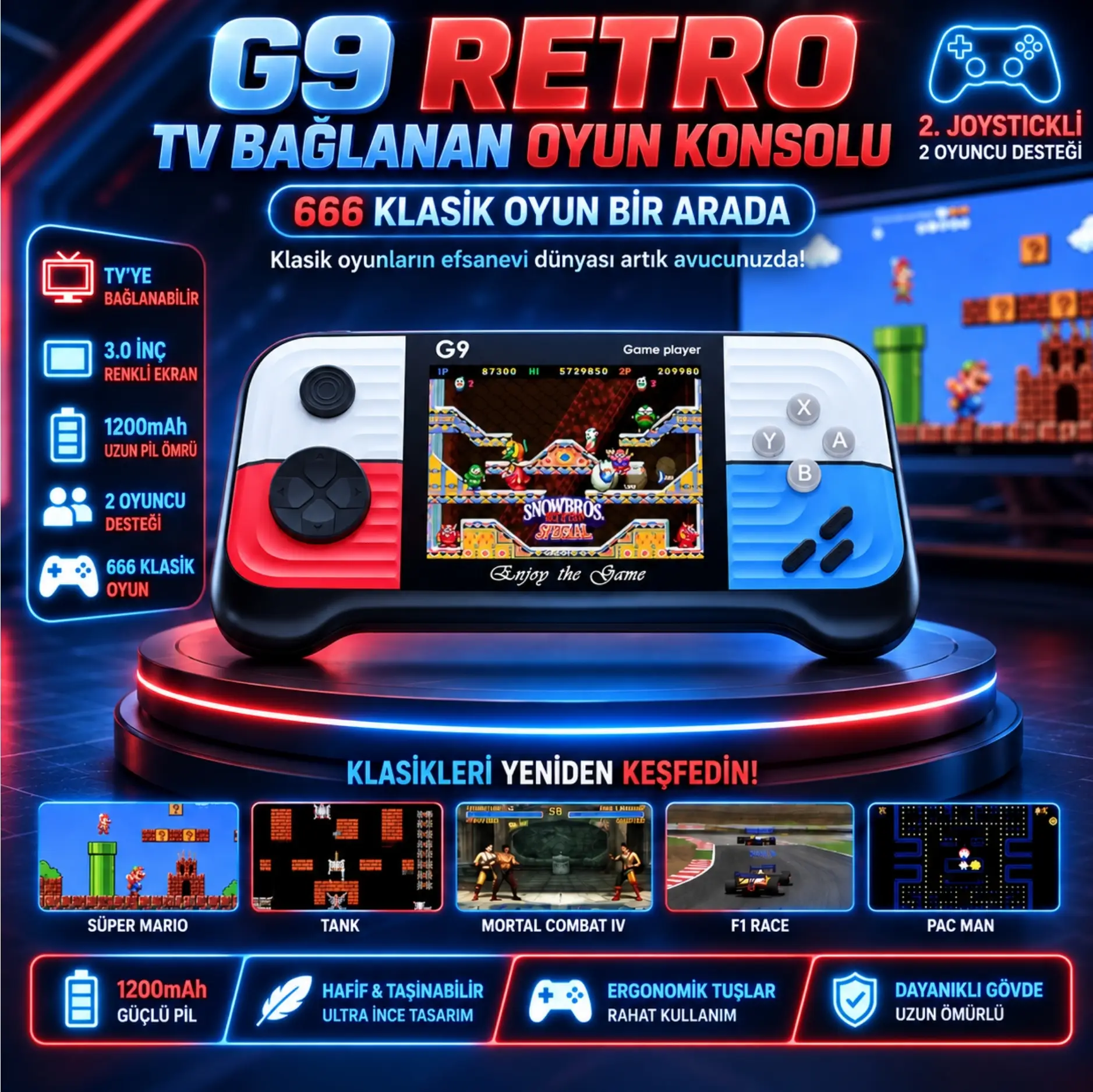 Winex G9 Retro 3.0 inç Tv Bağlanan 2.Joystickli Oyun Konsolu Kırmızı - Mavi (666 Klasik Oyunlar)