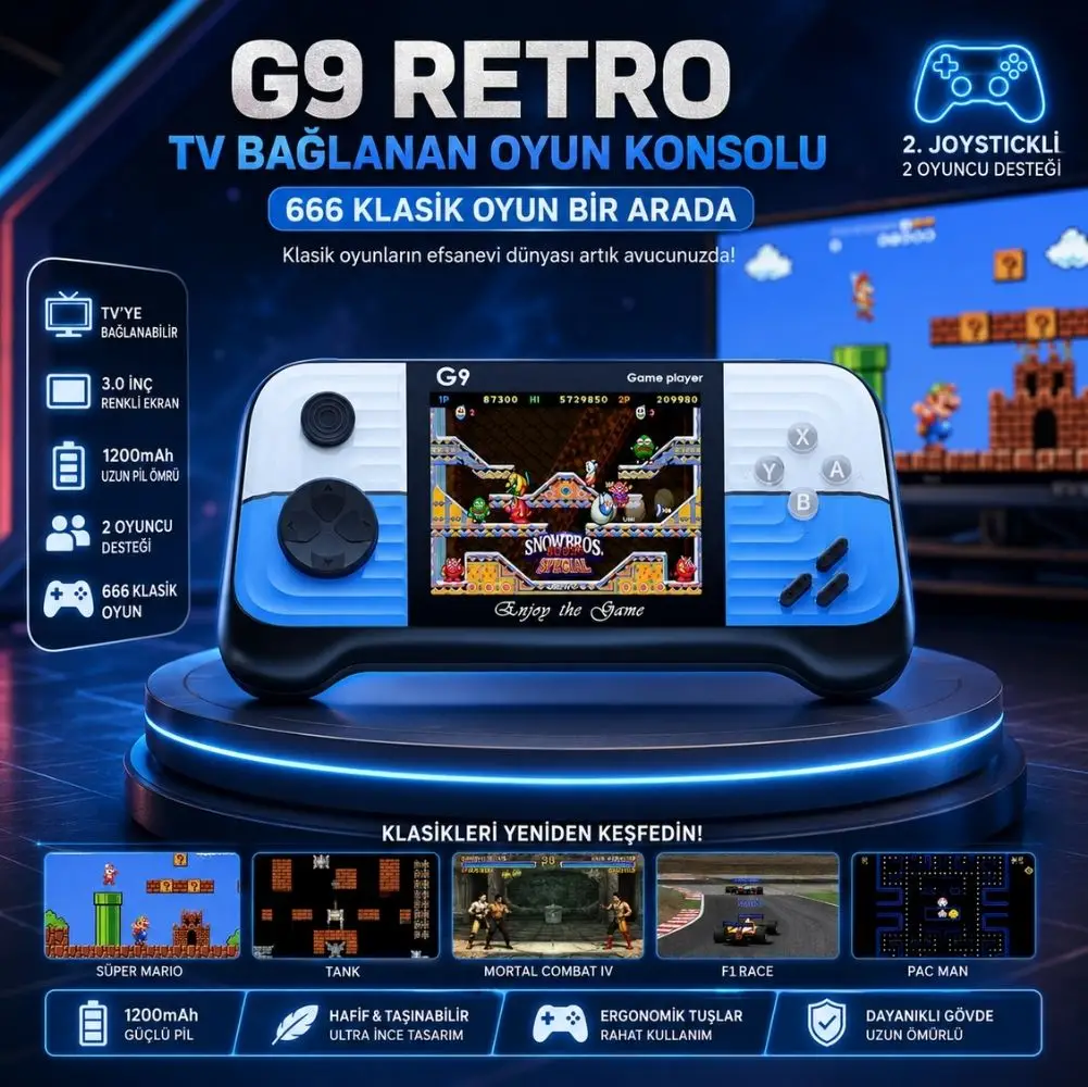 Winex G9 Retro 3.0 inç Tv Bağlanan 2.Joystickli Oyun Konsolu Mavi (666 Klasik Oyunlar)
