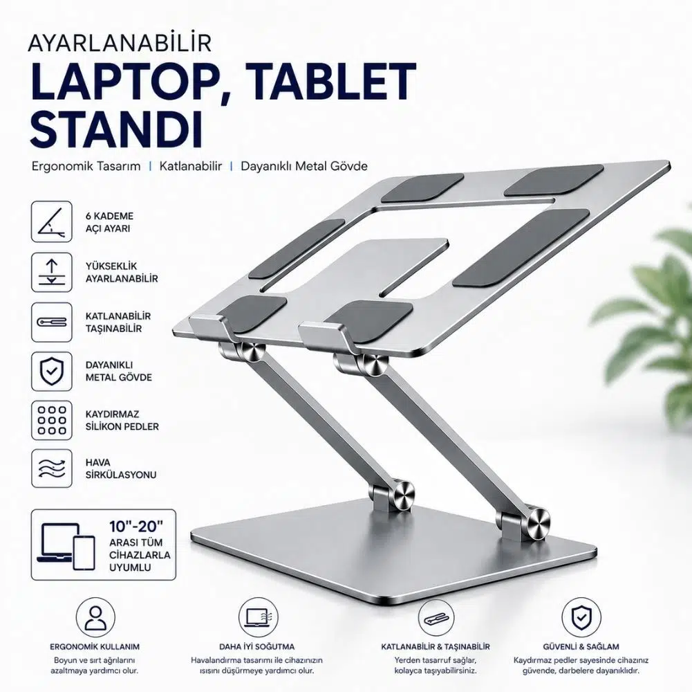 Winex Metal Ayarlanabilir Laptop, Tablet, Macbook, Matebook Yükseltici Katlanabilir Stand Tutucu Gümüş