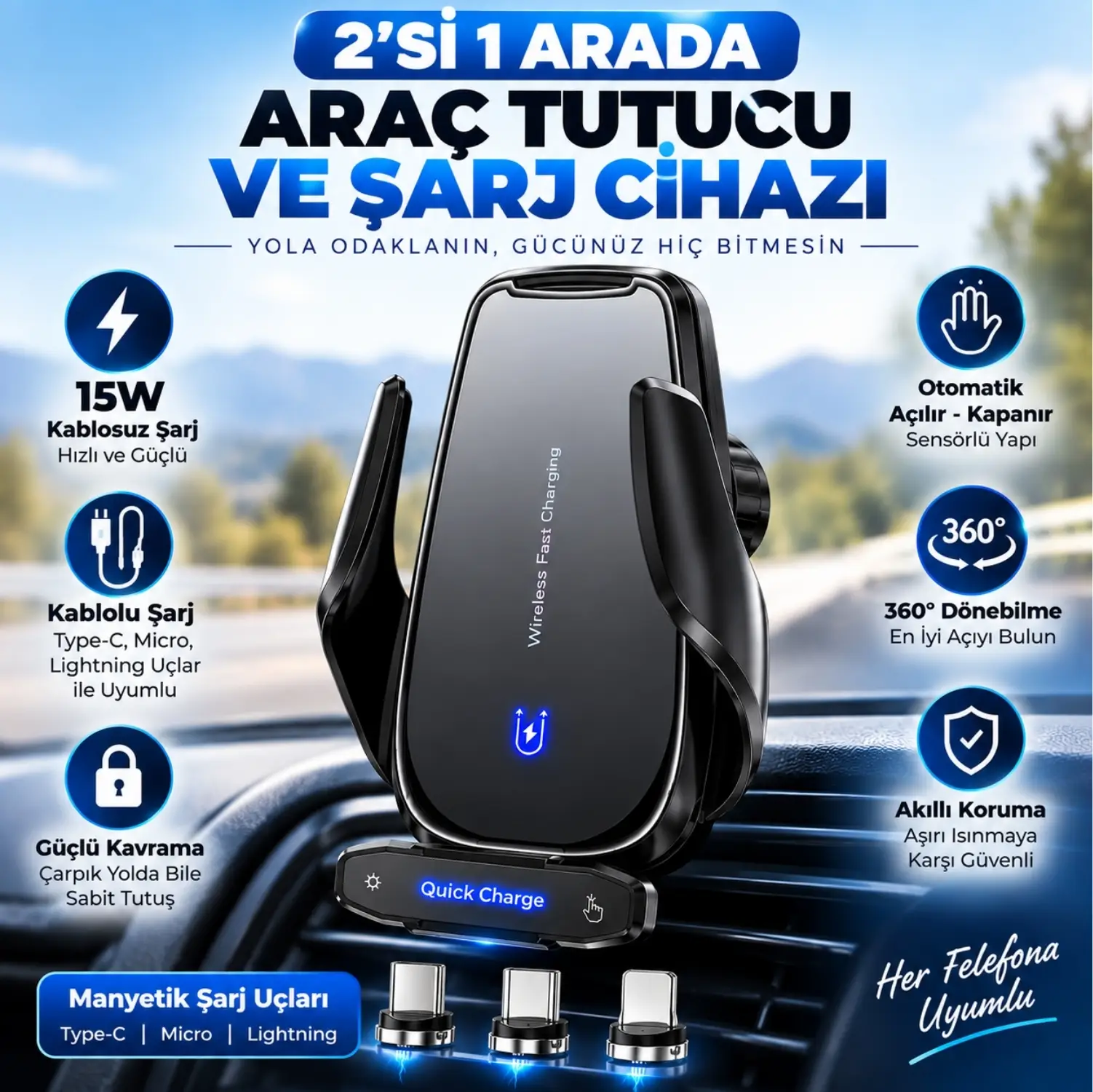 Winex Q9 15W Sensörlü Araç İçi Kablosuz Hızlı Şarj Aleti ve Telefon Tutucu