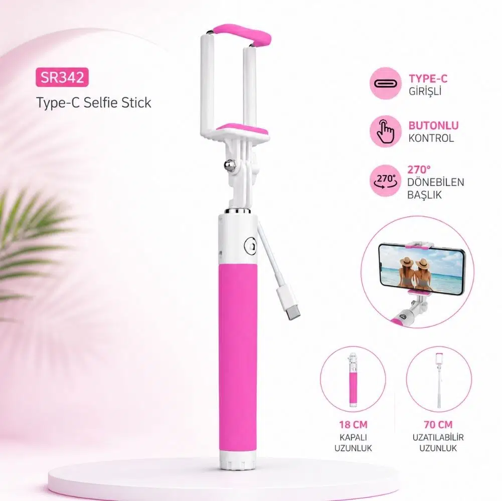 Winex SR342 Katlanabilir Type-C Selfie Girişli Stick Çubuğu Pembe